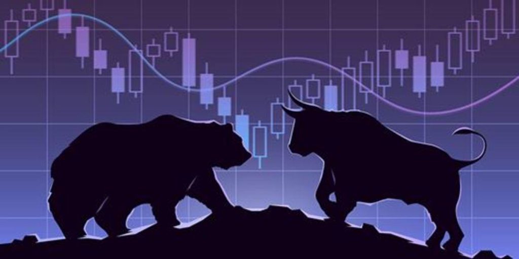 Silhouettes of a bear and a bull facing each other with stock market chart background, symbolizing market trends.