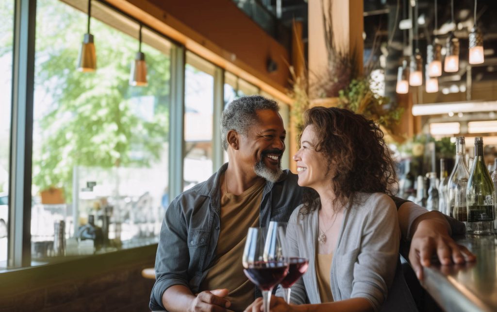 mixed race couple in restaurant drinking wine