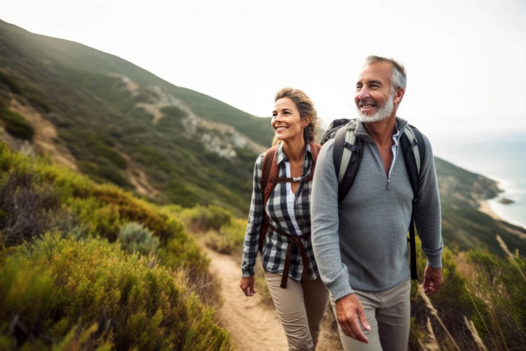 A senior man and woman trekking along a nature trail.